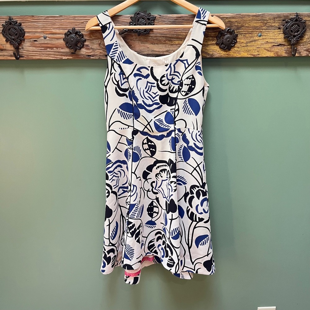 Vanessa Virginia Anthropologie Blue Floral Fit & Flare Dress Pink Lace Trim 6